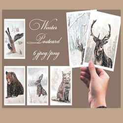 Christmas cards. Forest animals postcards. Digital Postcards.