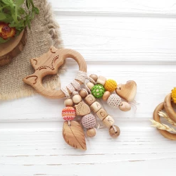 Wooden rattle toy fox personalised - woodland baby shower gift crochet sensory - custom baby gift toy