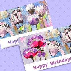 Happy Holiday Cards, Set of2, Digital Download, Greeting E-Cad, Flower Art, Birthday Floral Card