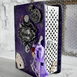 A lilac box-book with for cards or jewelry for storage for Alice fans