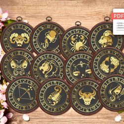 Set of 12 Zodiac Cross Stitch Pattern, Aries Cross Stitch, Embroidery Zodiac, Signs of the Zodiac Pattern