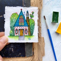 Colorful house painting Original artwork Mini watercolor Small wall art by Rubinova