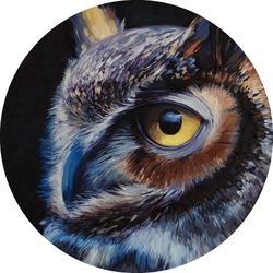 Owl oil painting Bird art Round home wall decor Living room painting Round oil painting Animal art.