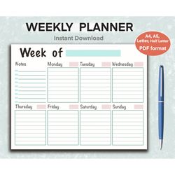 Weekly Planner, Printable Weekly Planner, Instant Download, Daily Planner, Productivity Planner, Checklist Printable, Di