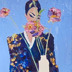 Woman with flowers Original oil painting Woman portrait Fauvism art Matisse inspired Abstract woman portrait home decor