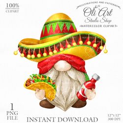 Mexican Gnome, Taco, Cinco De Mayo Clip Art. Hand Drawn Graphics, Instant Download. Digital Download. OliArtStudioShop