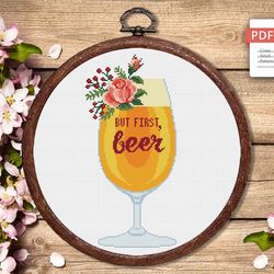 Set of 2 But First Beer Cross Stitch Pattern, Kitchen Cross Stitch, Embroidery Beer, But First Wine Pattern