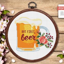 Set of 2 But First Beer Cross Stitch Pattern, Kitchen Cross Stitch, Embroidery Beer, But First Wine Pattern