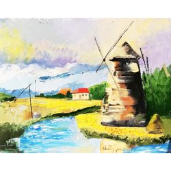 Windmill Painting Netherlands Mill Original Art Dutch Landscape Wall Artwork Above Sofa Art by LarisaRay