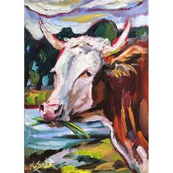 Cow Painting Farm Animal Original Art Texas Oil Painting Small Artwork by SviksArtPainting
