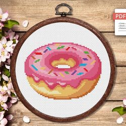 Pink Donut Cross Stitch Pattern, Kitchen Cross Stitch, Embroidery Donut, Dessert Cross Stitch Pattern