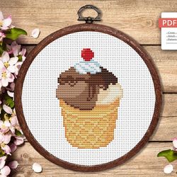 Ice Cream With Cherry Cross Stitch Pattern, Kitchen Cross Stitch, Embroidery Ice Cream, Dessert Cross Stitch