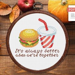 Hamburger and Cola Cross Stitch Pattern, Kitchen Cross Stitch, Embroidery Cola, Hamburger Cross Stitch Pattern