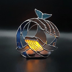 Stained Glass Whale Candle Holder, Ocean Wave Stained Glass Ornament Tealight Holder, Stained Glass Suncatcher