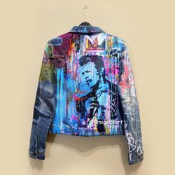 david bowie painted denim jacket custom jacket portrait from photo personalized order black denim jacket shirt gifts