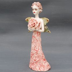 flower fairy pink rose porcelain figurine lady bell woman butterfly elf statuette surreal figure ,collectible figurine