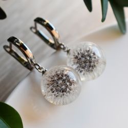 Earrings with dandelion. Sphere with a dandelion. Earrings with real dandelion. dandelion earrings.