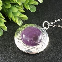 Amethyst Photo Locket Necklace Lilac Purple Lavender Violet Round Silver Keepsake Locket Pendant Necklace Jewelry 8021