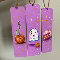 Set Of 3 Hand Painted Bookmarks, Gouache Painting On Wood, Halloween Art, Spooky Decor, Book Lover Gift
