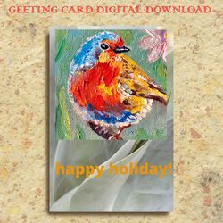 Digital greeding card,Bird and flower postcard, Happy Holiday E-card, Ihstant digital download