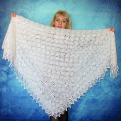 White hand knit Russian Orenburg shawl, Warm cape, Wool wrap, Downy kerchief, Wedding stole, Bridal cover up, Big scarf