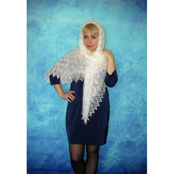 White Orenburg shawl, Hand knit Russian shawl, Lace wedding shawl, Bridal cape, Warm cover up, Wool wrap, Handmade stole, Kerchief, Big scarf 6.JPG