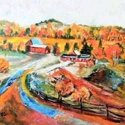 Vermont Landscape Original Art Green Mountain Oil Painting Autumn Landscape Fall Trees Painting Meadow Artwork