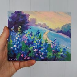 Original Oil Art On Cardboard Texas Landscape Bluebonnets Flowers 15x12 cm 6x5 inches