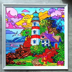 Seaside Lighthouse Painting Beautiful sunset Handpainted art Stained glass decor