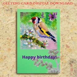 Happy Holiday Greeting Card, Goldfinch Postcard, Instant Digital Download, Bird E-Card