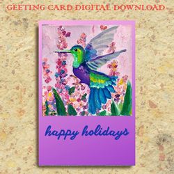 printable hummingbird card, digital greeting card, animal e-card, holiday postcard