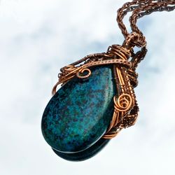 Malachite Chrysocolla necklace. Witchy Copper Wire Wrapped Crystal Pendant. Gemstone Jewelry. Unique handmade amulet.