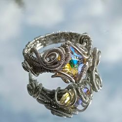 Swarovski Crystal Ring Size 9. Silver Wire Wrapped Statement Ring.  Witchy Crystal Jewelry. Handmade Jewelry. Chakra Sto