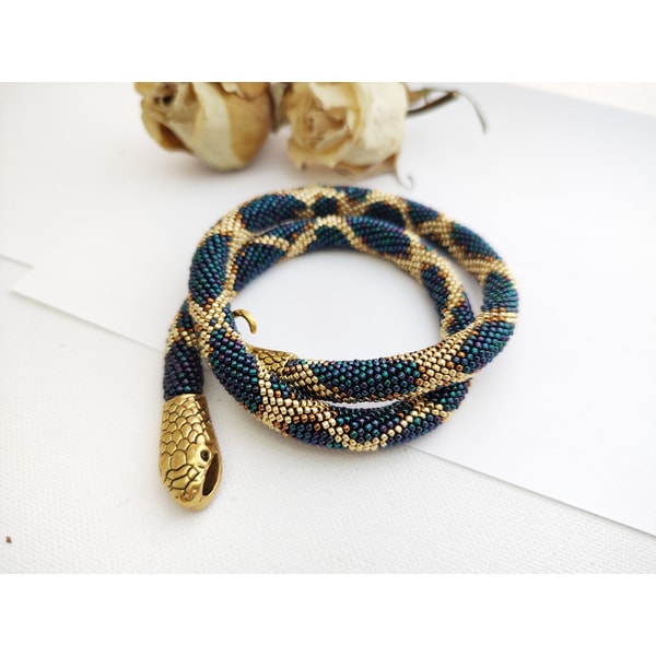 Snake Python Jewelry Snake necklace Python Snake bracelet Beaded Blue metalic sna - Inspire ...