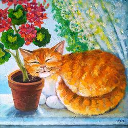 Cat Painting Geranium Original Art Sleeping Cat Wall Art Flower Oil Painting Pet Portrait Animal by PaintingsDollsByZoe