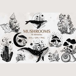 WHALE SVG, mystical mushroom svg. Heavenly svg, Flower mushrooms SVG, Moon svg, boho mushrooms, silhouette svg file cut