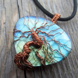 Rainbow Labradorite Necklace. Wire Wrapped Tree of Life Pendant. Valentines Day gift to a girl from a girl