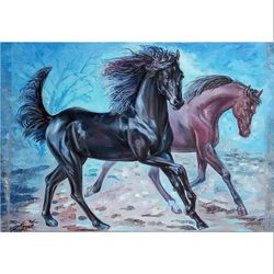 Blue painting for interior decor "Leisurely walk" Size (23,622 by 31,4961 in)