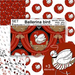 Seamless bird pattern, Ballerina background, Digital Paper, Theater Ballet Wallpaper, Surface Design, Textile Fabric