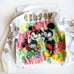 Womens Denim White jacket,hand painted jeans jacket Disney character,mickey mini mouse,Art wearable,all- original