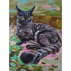 Maine Coon painting oil Pet Original Art Black Cat Artwork fine art Gray Animal canvas art by Natalia Plotnikova