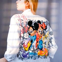 hand painted jean jacket, Womens Denim White jacket,  Disney character mickey mini mouse, Art wearable, all original