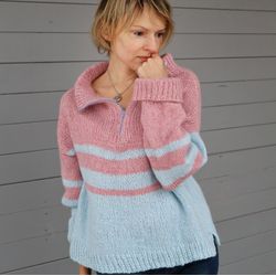 Alpaca wool sweater, Oversized hoodie hand knit, Pink / blue striped sweater, Loose knit jumper