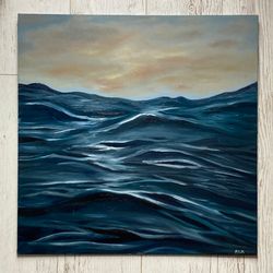 Waves Oil Painting, Original Painting, 20 by 20 in, Seascape Painting, Clouds Wall Art, Blue Ocean Wall Decor, Ocean Art