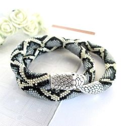 Silver Python snake necklace Ouroboros Animal necklace Gray beaded crochet necklace Serpent necklace Snake choker python