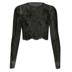Black Lace Crop Top Womens Floral Transparent Long Sleeve Sheer Top Blouse