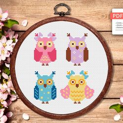 Set of 4 Owls Cross Stitch Pattern, Animal Cross Stitch, Embroidery Owls, Owl Cross Stitch, Modern Cross Stitch