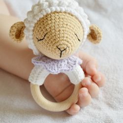 Cute crochet sheep baby rattle, Lamb teething baby toy little sister gift