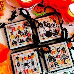 set of 4 halloween ornaments cross stitch patterns pdf by crossstitchingforfun instant download, halloween chart pdf