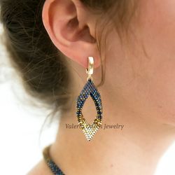 Royal blue funky long beaded earrings 14k gold classical earrings, gift for the 30th anniversary